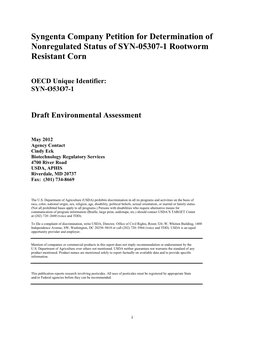 Syngenta Company Petition for Determination of Nonregulated Status of SYN-05307-1 Rootworm Resistant Corn