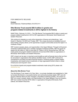 Otto Bremer Trust Awards $50.5 Million in Grants and Program-Related Investments in 2018, Highest in Its History