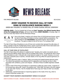 Jerry Kramer to Receive Hall of Fame Ring of Excellence During Week 2 Green Bay Packers to Honor Hall of Famer During Special Ceremony