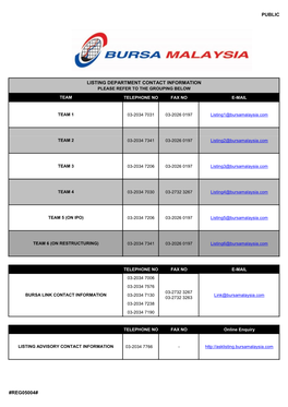 Public Listing Department Contact