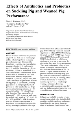 Effects of Antibiotics and Probiotics on Suckling Pig and Weaned Pig Performance