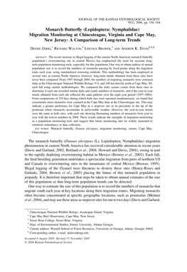 Monarch Butterfly (Lepidoptera: Nymphalidae) Migration Monitoring at Chincoteague, Virginia and Cape May, New Jersey: a Comparis