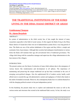 The Traditional Institutions of the Kukis Living in the Dima Hasao District of Assam