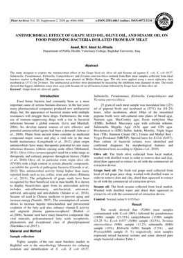 Antimicrobial Effect of Grape Seed Oil, Olive Oil, and Sesame Oil on Food Poisoning Bacteria Isolated from Raw Meat