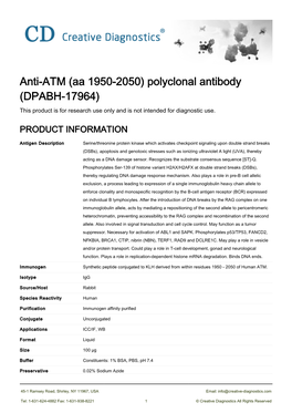 Anti-ATM (Aa 1950-2050) Polyclonal Antibody (DPABH-17964) This Product Is for Research Use Only and Is Not Intended for Diagnostic Use