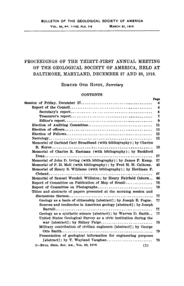 Proceedings of the Thirty-First Annual Meeting of the Geological Society of America, Held at Baltimore, Maryland, December 27 and 28, 1918