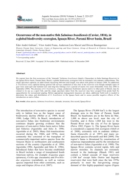 Occurrence of the Non-Native Fish Salminus Brasiliensis (Cuvier, 1816), in a Global Biodiversity Ecoregion, Iguaçu River, Paraná River Basin, Brazil