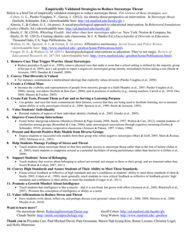 Empirically Validated Strategies to Reduce Stereotype Threat Below Is a Brief List of Empirically Validated Strategies to Reduce Stereotype Threat