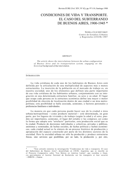 Condiciones De Vida Y Transporte. El Caso Del Subterráneo De Buenos