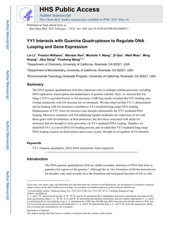 YY1 Interacts with Guanine Quadruplexes to Regulate DNA Looping and Gene Expression