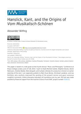 Hanslick, Kant, and the Origins of Vom Musikalisch-Schönen