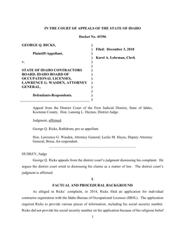 1 in the COURT of APPEALS of the STATE of IDAHO Docket No. 45396 GEORGE Q. RICKS, Plaintiff-Appellant, V. STATE of IDAHO CONTRAC