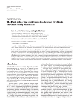 Research Article the Dark Side of the Light Show: Predators of Fireflies In