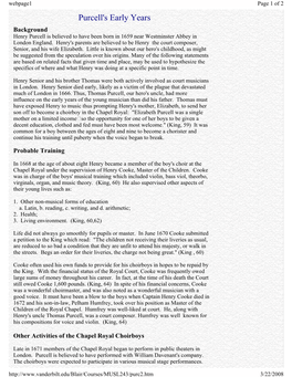 Purcell's Early Years Background Henry Purcell Is Believed to Have Been Born in 1659 Near Westminster Abbey in London England