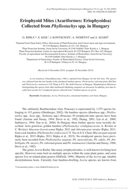 Eriophyoid Mites (Acariformes: Eriophyoidea) Collected from Phyllostachys Spp