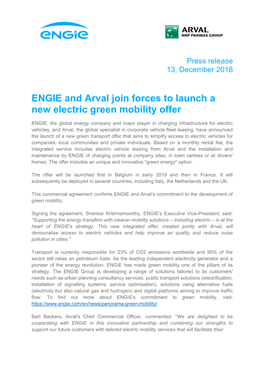 ENGIE and Arval Join Forces to Launch a New Electric Green Mobility Offer