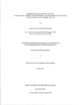 Borderlines of Poetry and Art: Vancouver, American Modernism, and the Formation of the West Coast Avant-Garde, 1961 -69