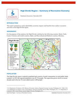 High Divide Region – Summary of Recreation Economy