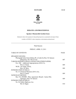 HANSARD 11-12 DEBATES and PROCEEDINGS Speaker