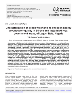 Characterization of Beach Water and Its Effect on Nearby Groundwater Quality in Eti-Osa and Ibeju-Lekki Local Government Areas, of Lagos State, Nigeria