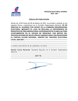 CÉDULA DE PUBLICACIÓN Siendo Las 19:40 Horas Del 08 De Febrero