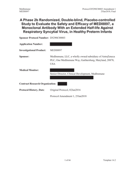 A Phase 2B Randomized, Double-Blind, Placebo-Controlled Study to Evaluate the Safety and Efficacy of MEDI8897, a Monoclonal Anti