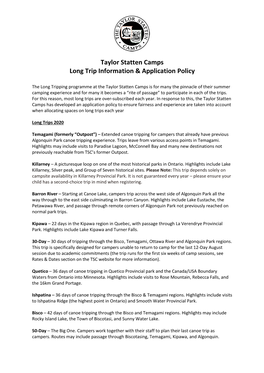 Taylor Statten Camps Long Trip Information & Application Policy