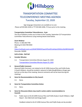 TRANSPORTATION COMMITTEE TELECONFERENCE MEETING AGENDA Tuesday, September 22, 2020
