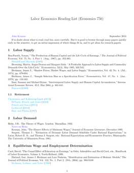 Labor Economics Reading List (Economics 750)