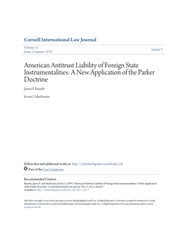 American Antitrust Liability of Foreign State Instrumentalities: a New Application of the Parker Doctrine James F