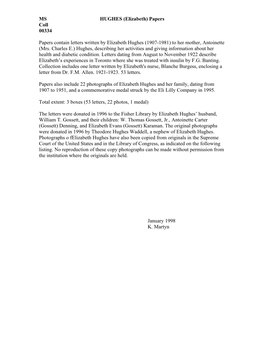 Papers Coll 00334 Papers Contain Letters Written by Elizabeth Hughes