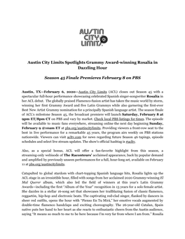 Austin City Limits Spotlights Grammy Award-Winning ​Rosalía ​In Dazzling Hour Season 45 Finale Premieres February 8 On