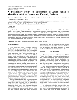 A Preliminary Study on Distribution of Avian Fauna of Muzaffarabad–Azad Jammu and Kashmir, Pakistan