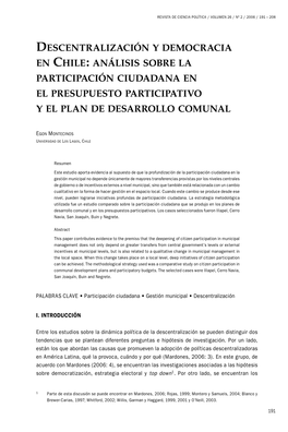 Descentralización Y Democracia En Chile: Análisis Sobre La Participación Ciudadana En El Presupuesto Participativo Y El Plan De Desarrollo Comunal