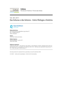 Cultura, Vol. 28 | 2011, « Das Leituras E Dos Leitores - Entre Flologia E História » [Online], Posto Online No Dia 24 Janeiro 2013, Consultado a 22 Setembro 2020