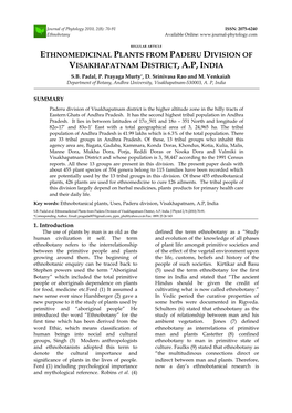 Ethnomedicinal Plants from Paderu Division of Visakhapatnam District, A.P, India S.B