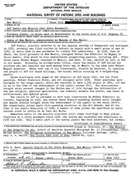 NATIONAL SURVEY of HISTORIC SITES and BUILDINGS Ab<5 Pueblo and Mission (Abo State Monument) Torrance County. 10 Miles West O