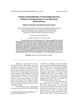 Isolation and Identification of Thermophilic Bacteria, Producer of Amylase Enzyme, from Lake Linow, North Sulawesi