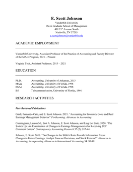 E. Scott Johnson Vanderbilt University Owen Graduate School of Management 401 21St Avenue South Nashville, TN 37203 E.Scott.Johnson@Vanderbilt.Edu