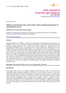 Influence of Germination Time on the GABA Content and Physical Properties of Germinated Brown Rice