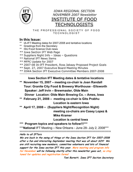 NOVEMBER 2007 Newsletter INSTITUTE of FOOD TECHNOLOGISTS