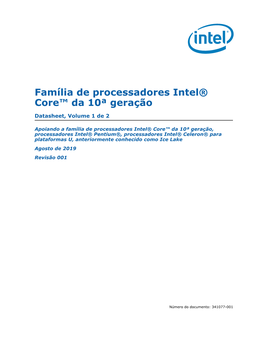 Família De Processadores Intel® Core™ Da 10ª Geração
