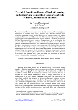 Percevied Benefits and Issues of Student Learning in Business Case Competition Comparison Study of Serbia, Australia and Thailand