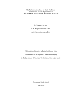 The Red International and the Black Caribbean: Transnational Radical Organizations in New York City, Mexico and the West Indies, 1919-1939