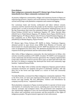 Press Release Mpur Indigenous Community Demand PT. Bintuni Agro Prima Perkasa to Immediately Leave Mpur Community Customary Land