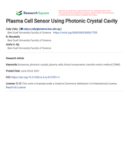 Plasma Cell Sensor Using Photonic Crystal Cavity