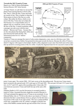 Towards the 2012 Transit of Venus Report on a Talk by Darren Bellingham, Section Director ASV Solar Section