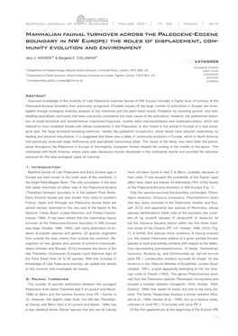 Mammalian Faunal Turnover Across the Paleocene-Eocene Boundary in NW Europe: the Roles of Displacement, Com- Munity Evolution and Environment______