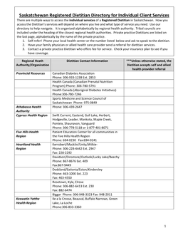 Saskatchewan Registered Dietitian Directory for Individual Client Services