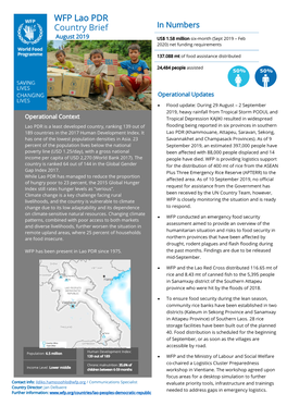 WFP Lao PDR Country Brief USA, Australia, Japan, France, Russia, Global Agriculture August 2019 and Food Security Programme, Government of Lao PDR, Private Donors